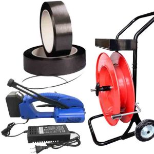 Kunststoff-Umreifungsset JET 12-16 mm PET/PP mit Akku, Ladegerät, PP-Umreifungsband 12 mm, Abrollwagen