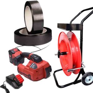 Polypropylen-Umreifungsset TITAN 10-16mm PET/PP mit Akku, Ladegerät, PP-Umreifungsband 12mm, Umreifungswagen