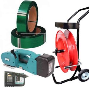 Polyester-Umreifungsset NEO 9-16mm PET/PP mit Akku, Ladegerät, PET-Umreifungsband 15,5mm, Abrollwagen
